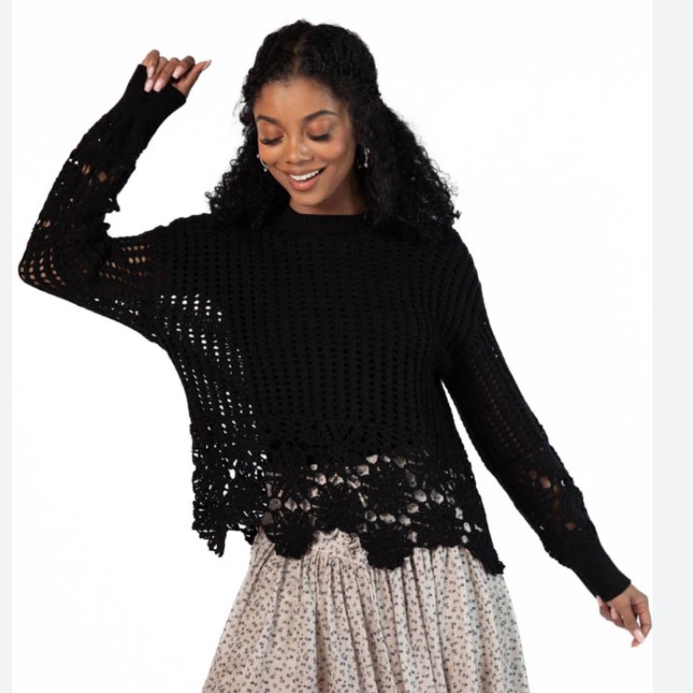 Pink Lily Black Crochet Sweater Women’s Boho Flower Pullover Size L Y2K